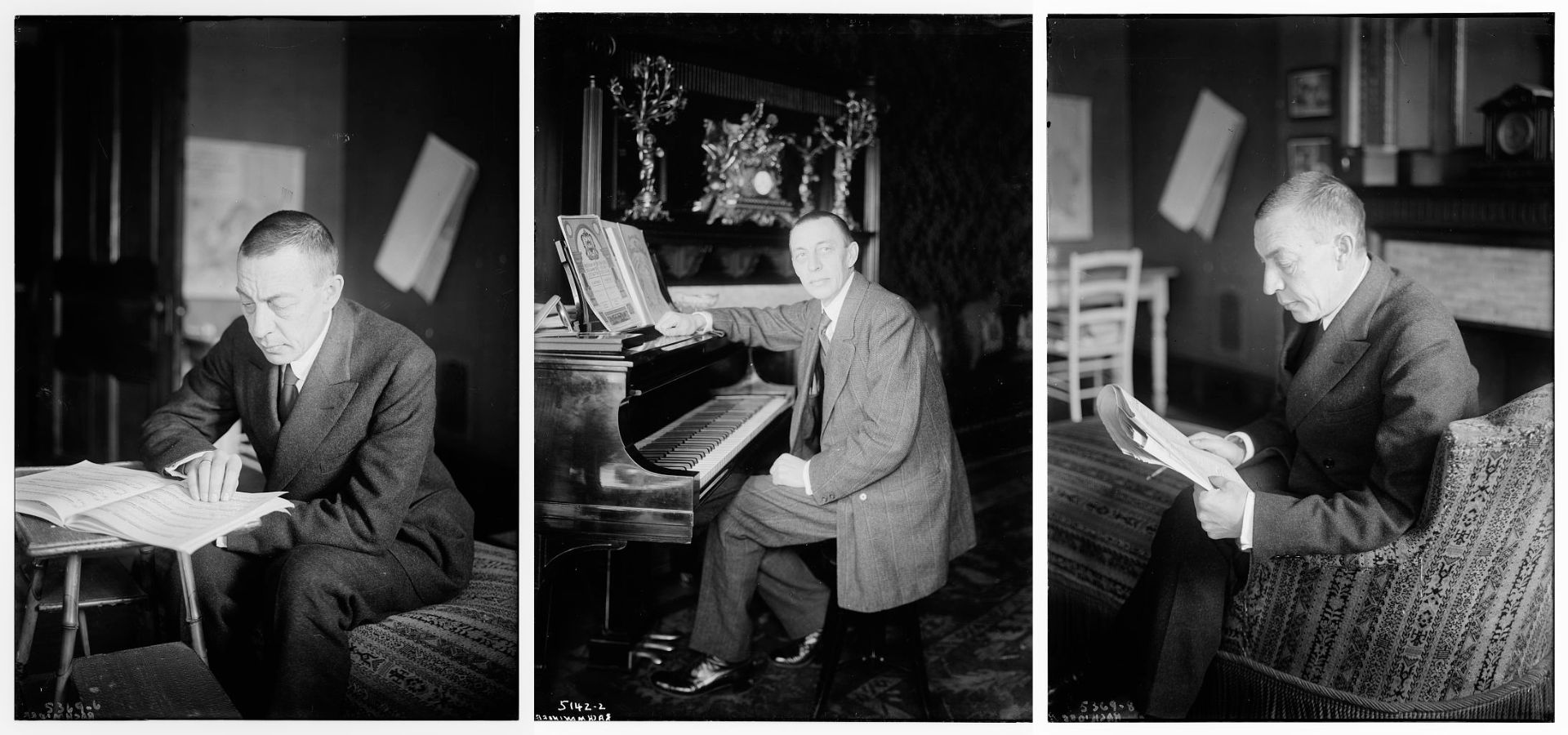 Three photos of Sergei Rachmaninoff sitting at the piano or composing music, courtesy of the Library of Congress