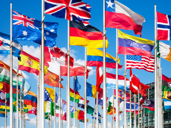 A shot of at least 40 flags of different countries on poles waving in the wind with a blue sky background