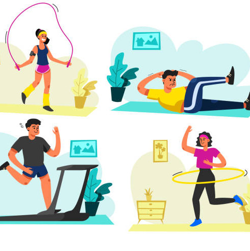 Set of men and women exercise at home. Using the house as a gym. Vector illustration in flat cartoon style.