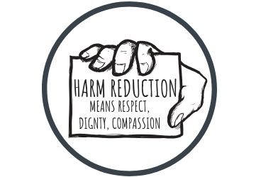 circle that says Harm Reduction means respect, dignity, compassion