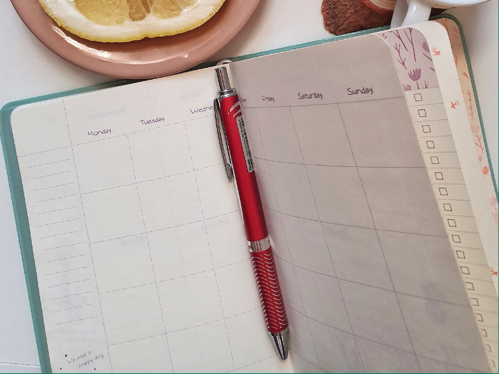 Planner
schedule
with
red
pen
and
food