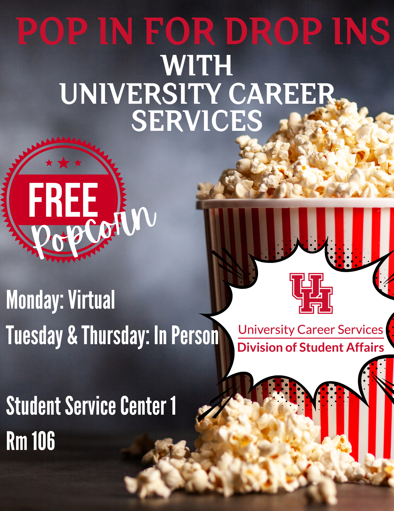 flyer with popcorn image and date of ucs drop ins