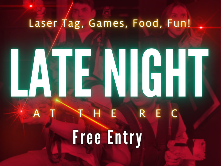Late
Night
at
the
Rec.
a
red
dual-tone
Laser
Tag
picture
with
laser.