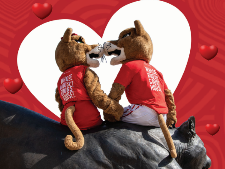 Two mascots in front of a heart
