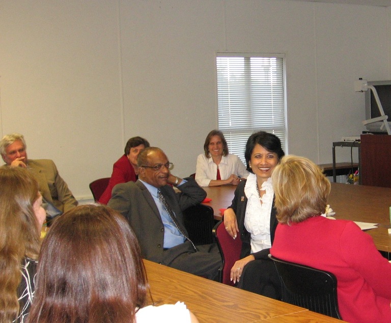 President Khator, Provost Antel, and Dean Roberts are having a discussion with ComD faculty members