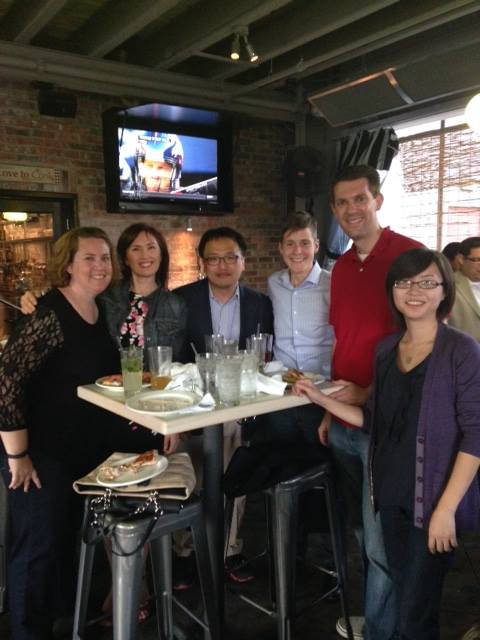(from left) JJVSoC grad faculty, Drs Jill Yamasaki, Lindita Camaj, Hojoon Choi, Erica Ciszek, Temple Northup, and Lan Ni — at Cook & Collins.