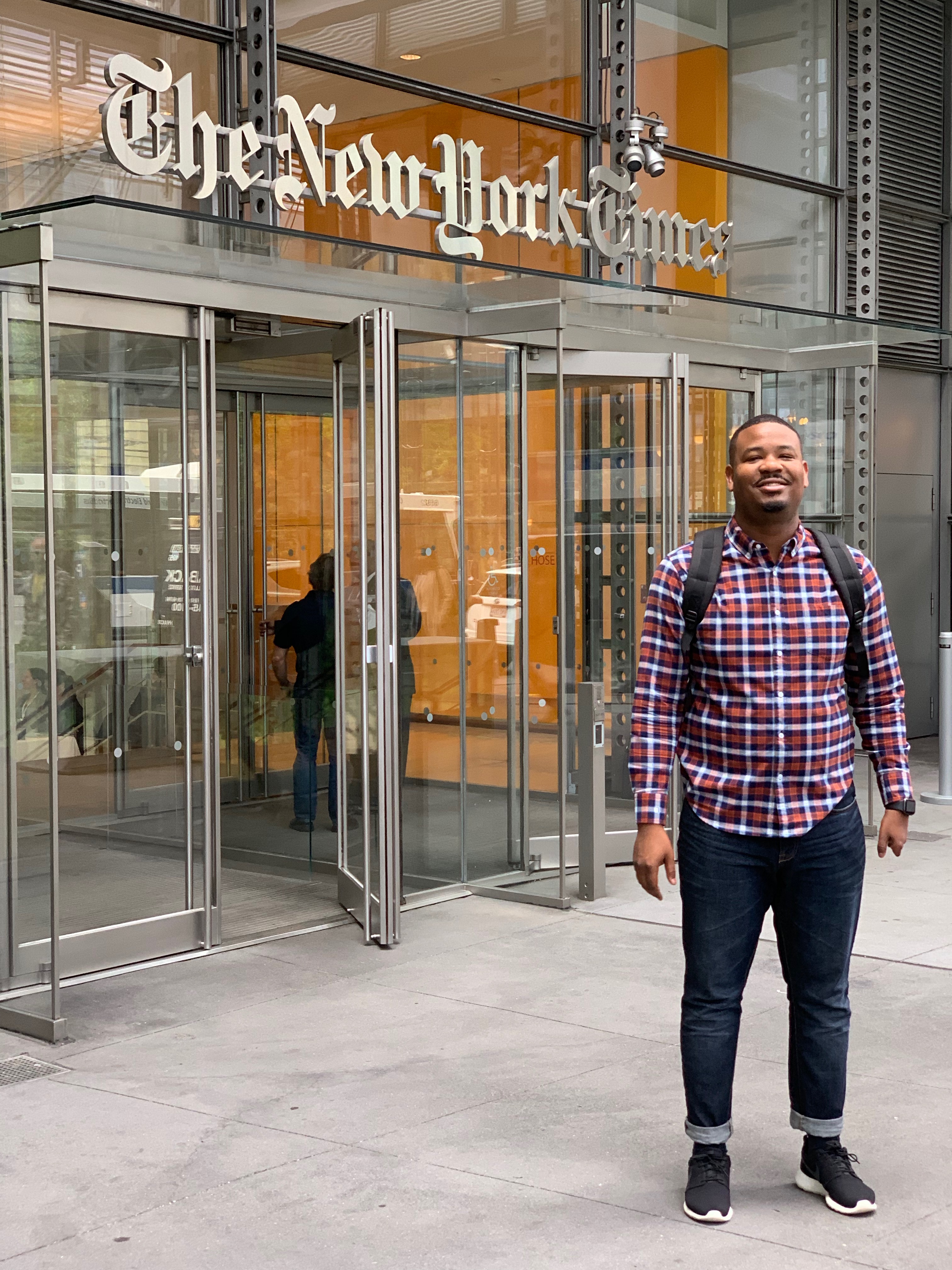 Valenti student Drew Jones standing in front of the New York Times building.