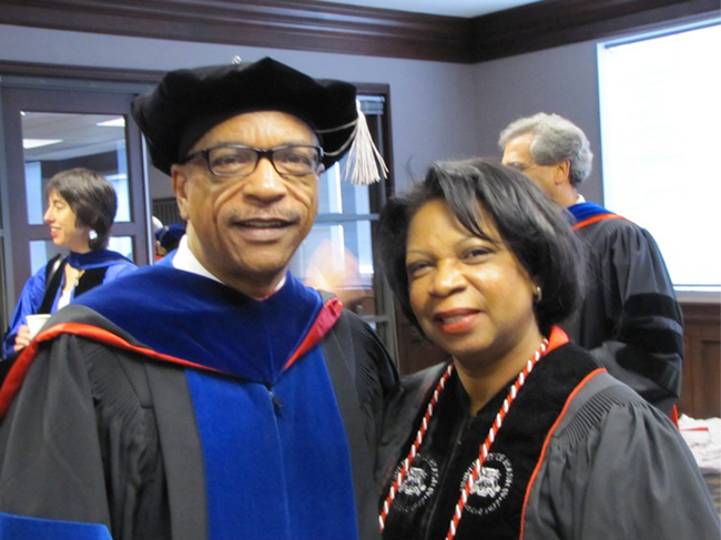 Dean John W. Roberts with Prairie View A&M University Choir Director A. Jan Taylor, who was one of the doctoral candidates hooded at Commencement.