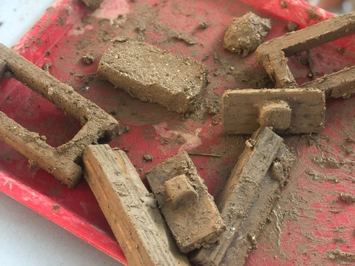 Trabucco made miniature adobe bricks at Casa Navarro Historic Site. The photos show the brick freshly made and a mini size of the tools that would have been used in San Antonio.