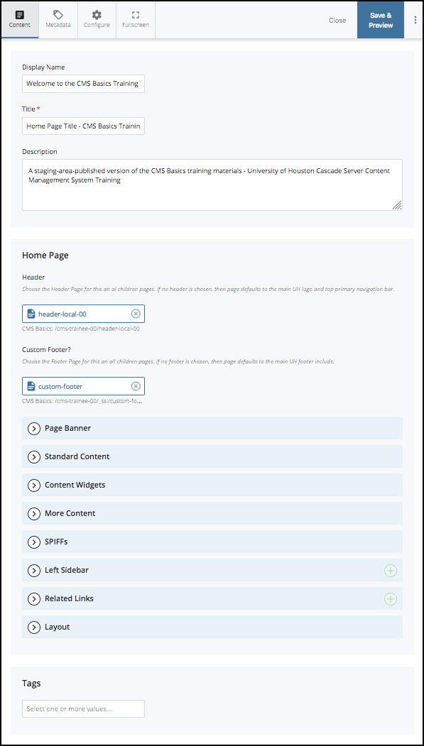 Home Type Page Editing Panel