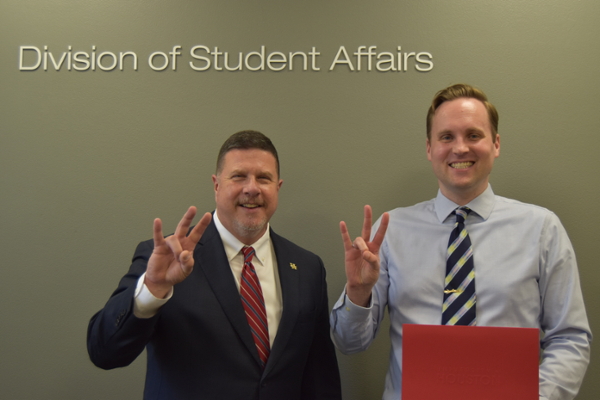 Larry McGowan (Right), Reservationist for Conference and Reservation Services in the Student Center, pictured with Vice Chancellor/Vice President for Student Affairs, Dr. Paul Kittle.
