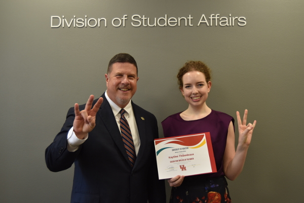 Kaytlee Thibodeaux (Right), Interpreting/Captioning Services Coordinator in the Justin Dart, Jr. Student Accessibility Center, pictured with Vice Chancellor/Vice President for Student Affairs, Dr. Paul Kittle.