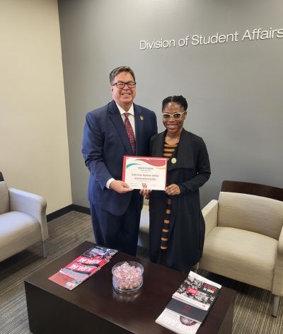 Gabrielle Malone-Miller (Right), the Assistant Director of Sexual Misconduct Support Services (SMSS) at the Women & Gender Resource Center (WGRC), pictured with Interim Vice President, Dr. Daniel Maxwell.