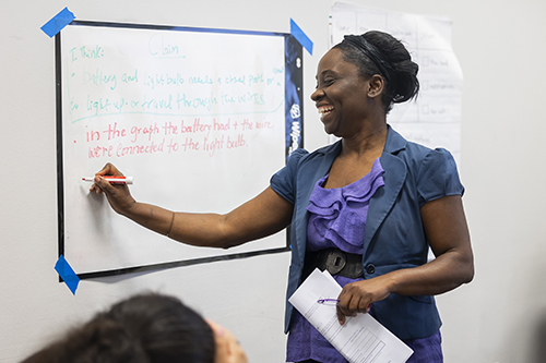 Black women teaching a class. She is pointing to a whiteboard. 
