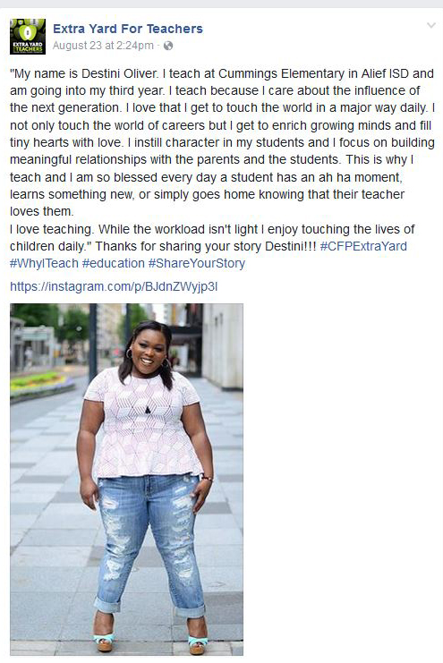 Destini Oliver's post on the Extra Yard for Teachers Facebook page 