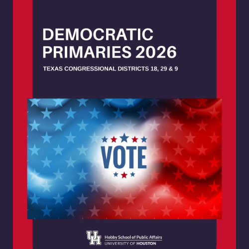 Red, white, and blue report cover with the word "Vote" in the center of the pager. Title: Democratic Primary 2026: Texas Congressional