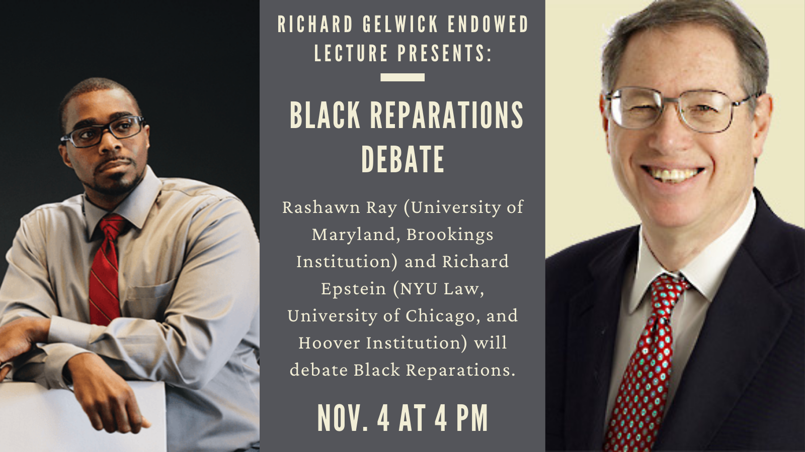 Event flyer for a debate of black reparations with Rashawn Ray and Richard Epstein