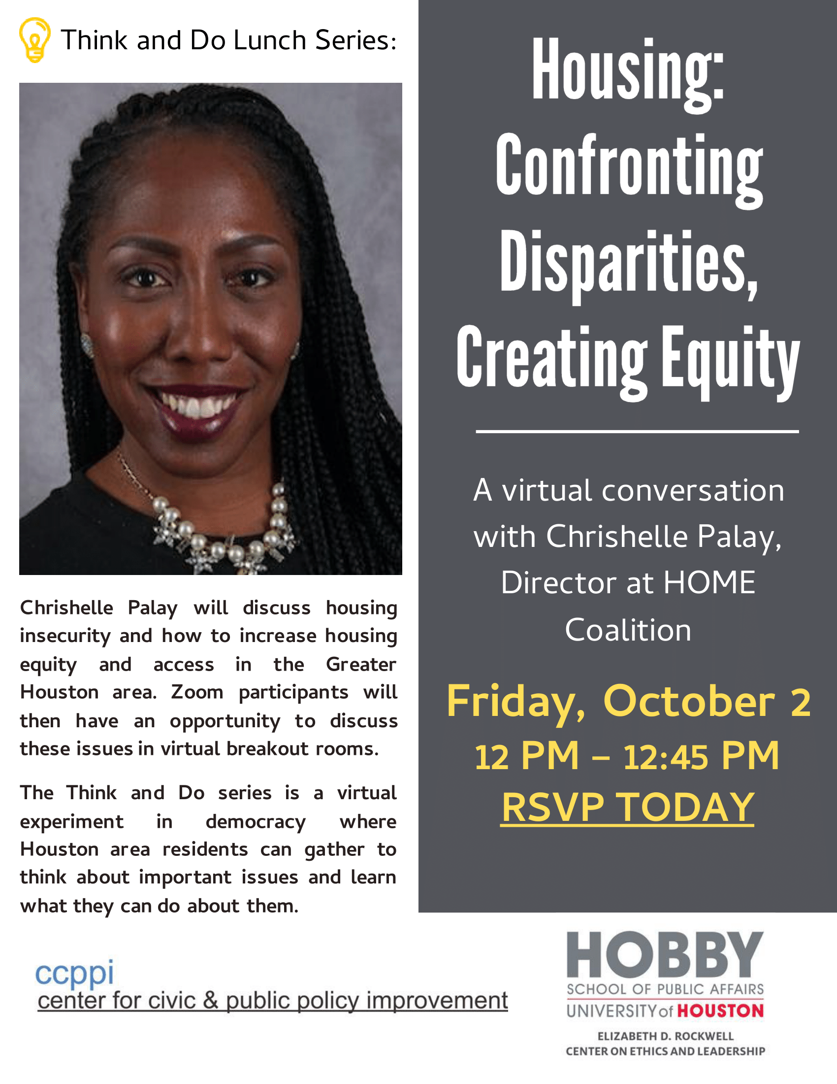 event flyer of Housing: confronting disparities, creating equity with Chrishelle Palay