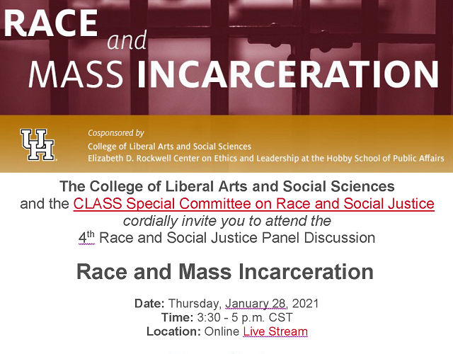 Event flyer for race and mass incarceration panel discussion