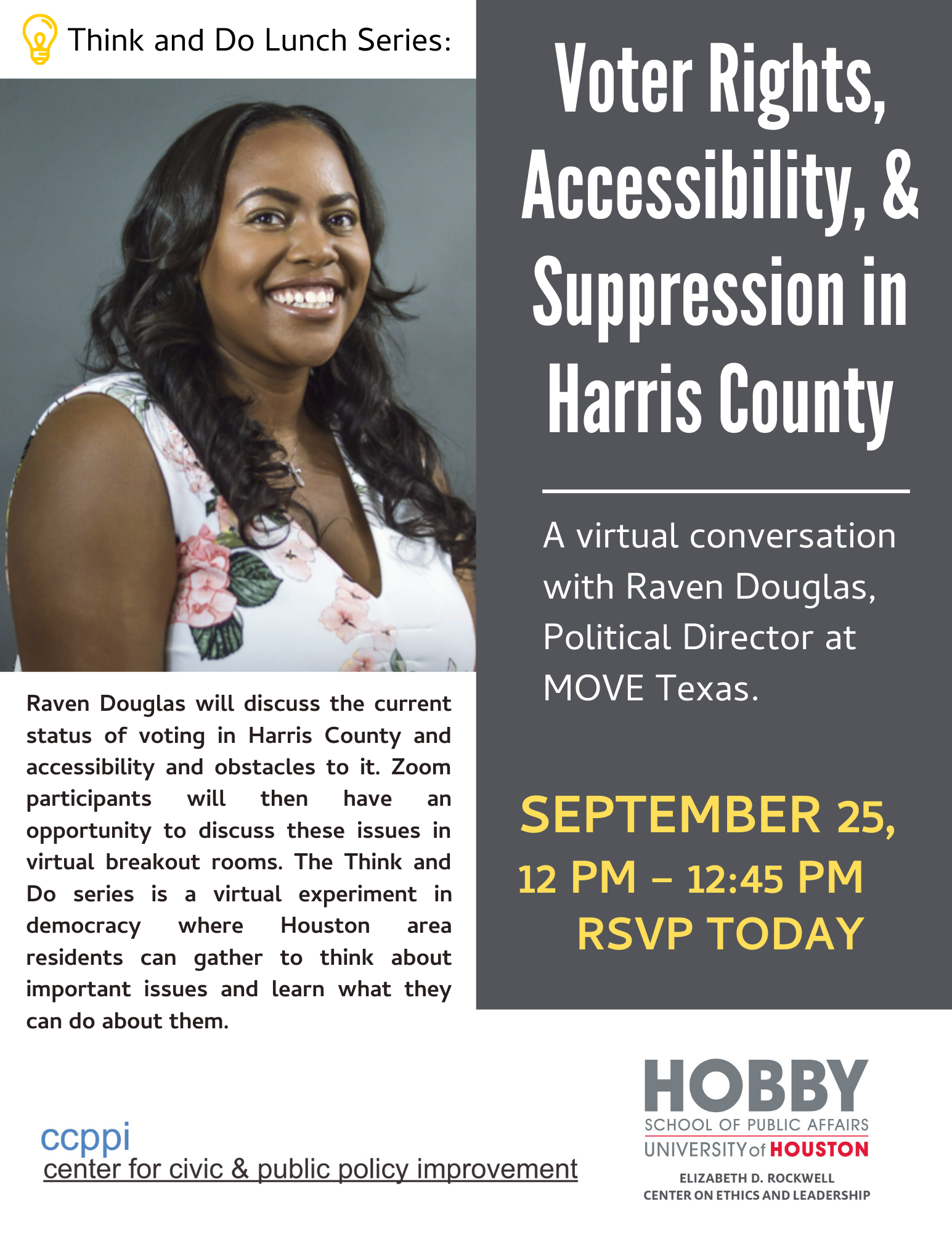 event flyer for voter rights, accessibility, and suppression in Harris County with speaker Raven Douglas