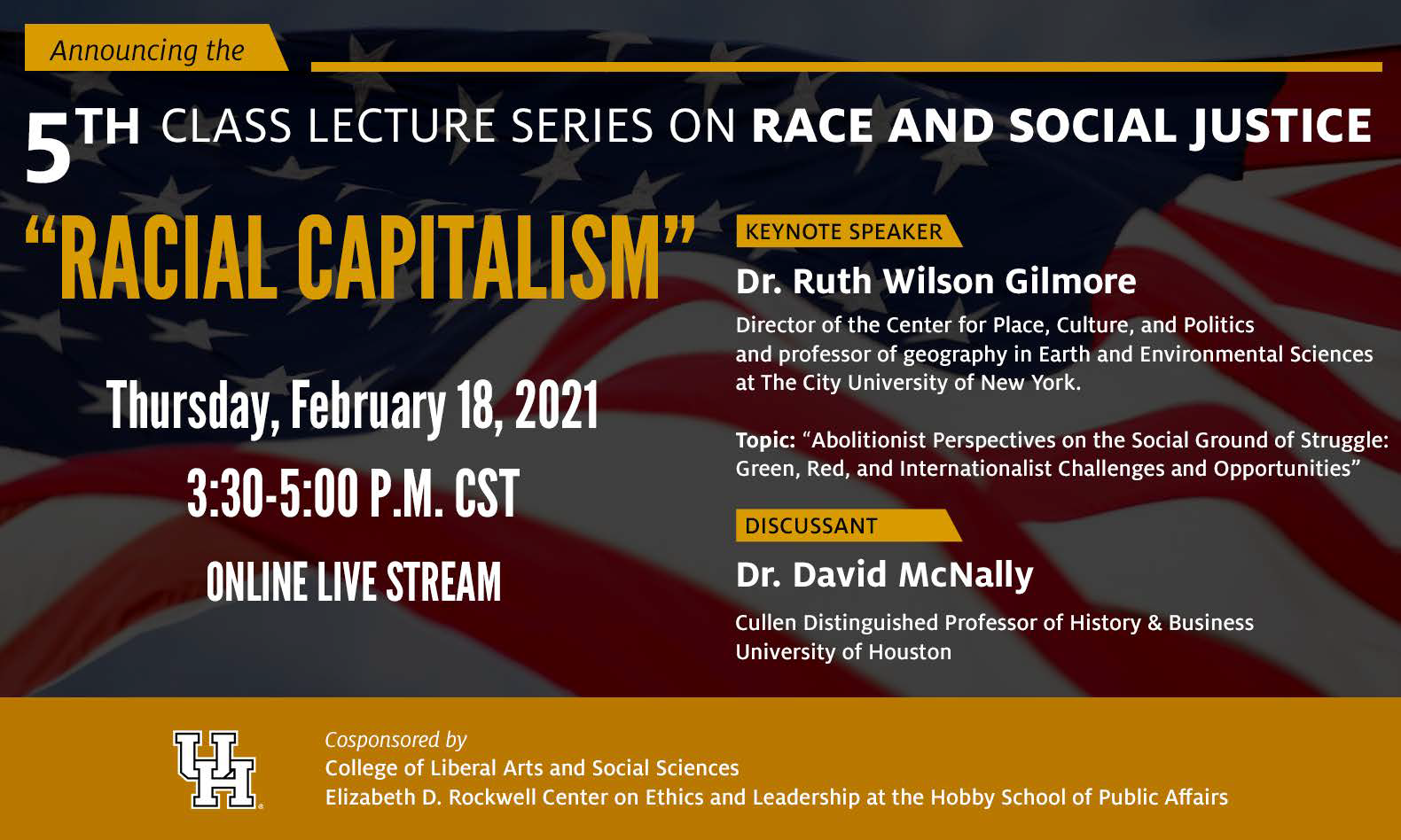 Event flyer of racial capitalism talk with keynote speaker Dr. Ruth Wilson Gilmore