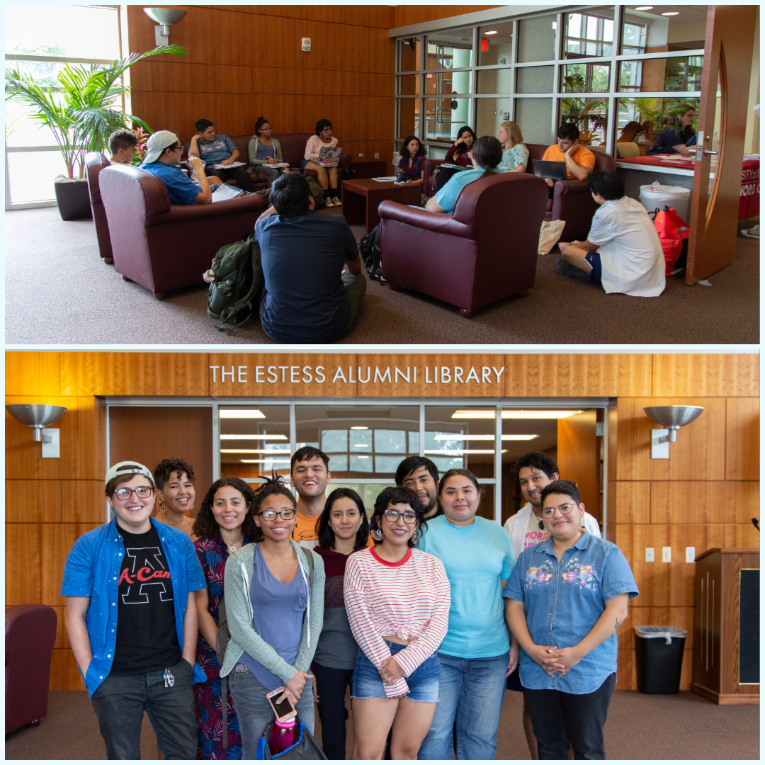 group of students pose in Honors College library