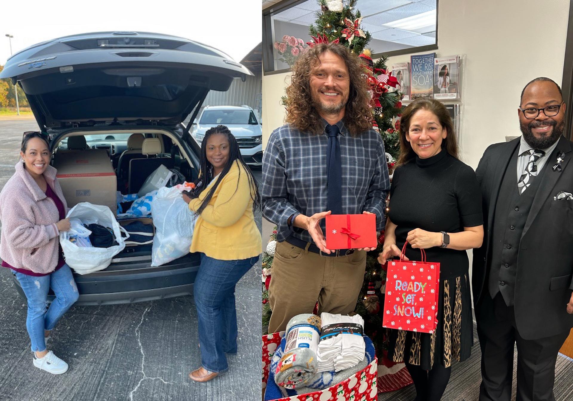 Two images, one of two women filling the back of a car with bags and boxes on the left, and on the right, three UH employees with donation items at a holiday party