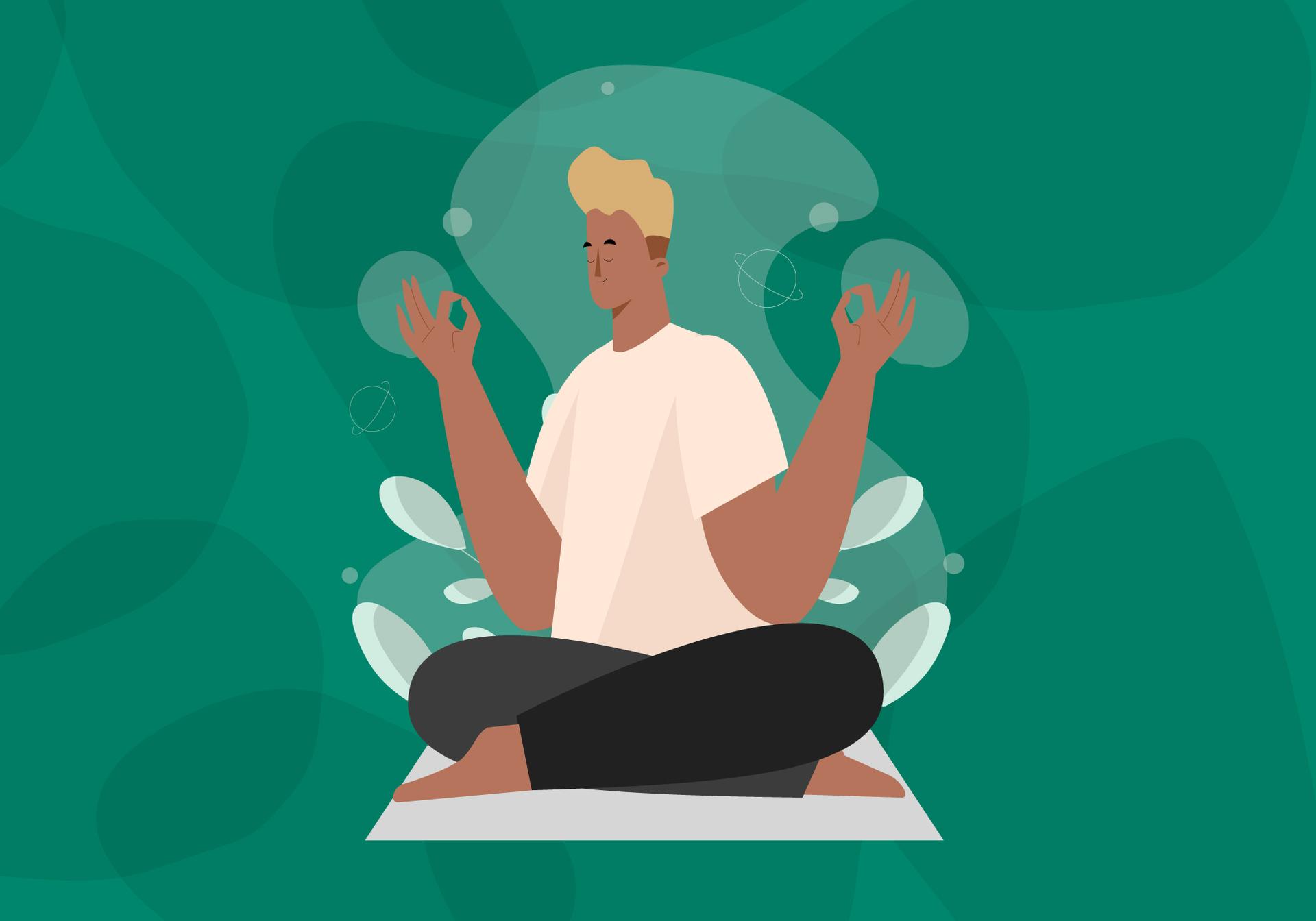 Illustration of a person with blond hair in a resting yoga pose on an illustrated green background