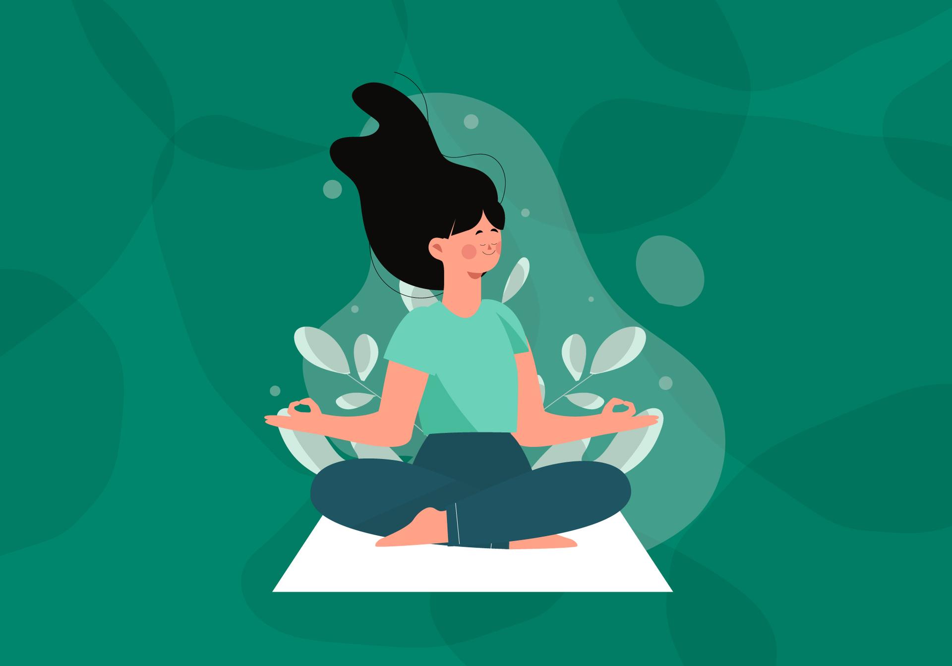 Illustration of a person with dark hair in a resting yoga pose on an illustrated green background