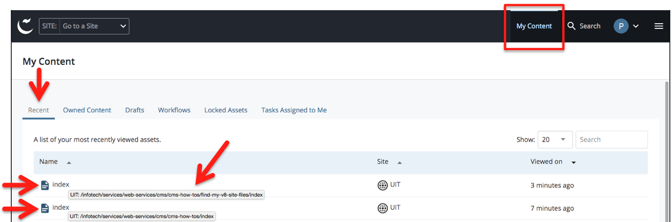 illustration of rollover information text - Cascade CMS - My Content - Recent files listing