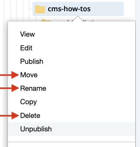 Editing Context menu highlighting the three Un-Publish triggers: Move, Rename, Delere