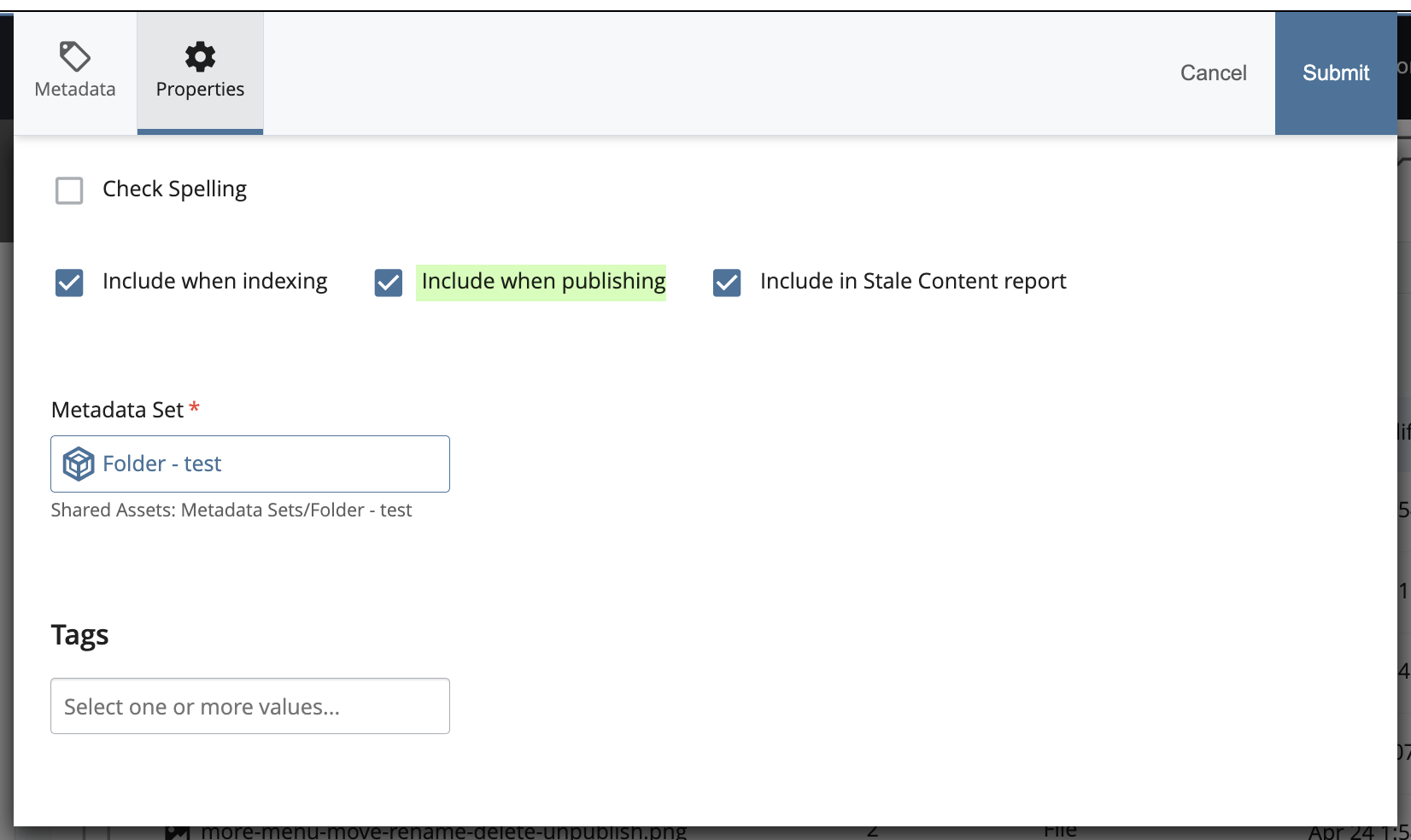 Folder: Edit Properties to set Publishability