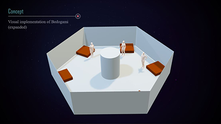 Angled bird's eye view of a 3D render of a conceptual hexagonal room. Brown rectangles protrude from the walls.