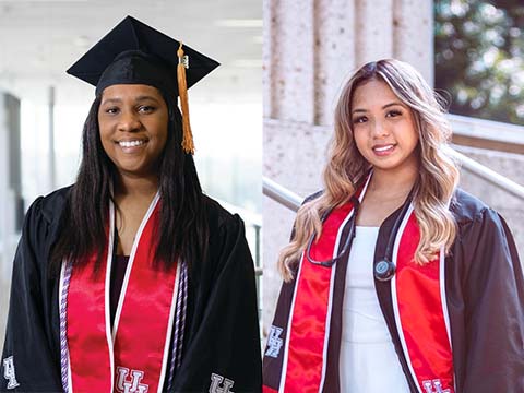 A composite image of two photographs. One of a black female woman dressed in black and red graduation regalia and another of a hispanic woman dressed in similar regalia.