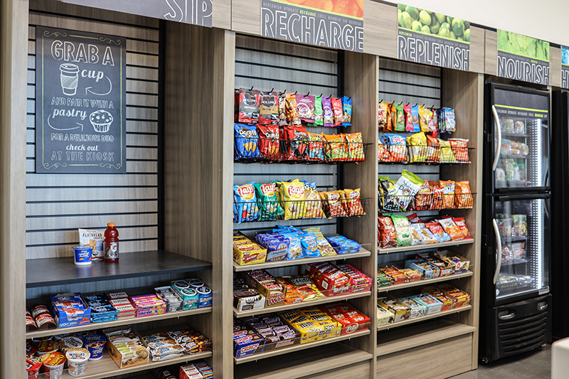 Shelves of convenience snacks and drinks