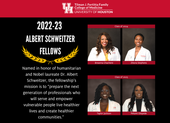 The UH Tilman J. Fertitta Family College of Medicine fellows are Breanna Chachere and Zikora Stephens from the Class of 2024, as well as Taylor Jackson and Pelumi Oloyede from the Class of 2025.