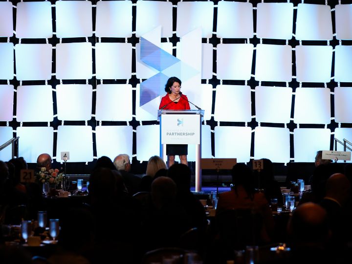 UH President Renu Khator presenting at the Greater Houston Partnership's "State of Education" annual event.