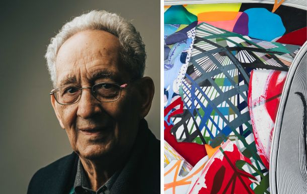 (L) Portrait of Frank Stella (R) photo of instracacies of his work on Euphonia