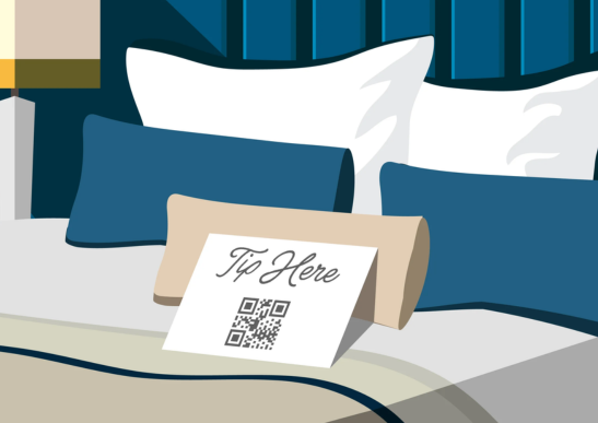 Graphic of hotel bed with a sign that reads: Tip Here; QR code also on the sign