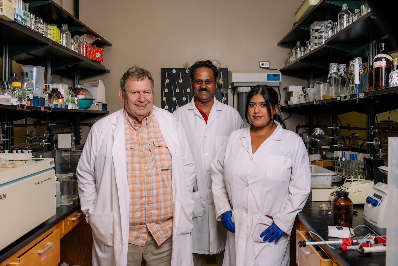 uh researchers William Widger, Madhan Tirumalai and graduate student Sahar Ali pose for a photo