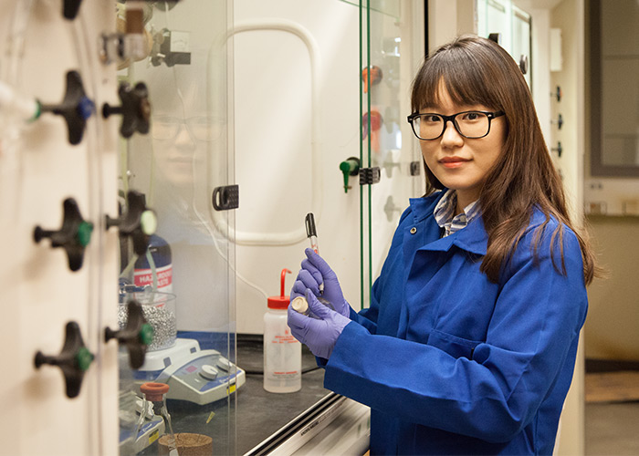 Hanah Na, Ph.D. student in chemistry, works on more efficient methods for synthesizing and modifying photosensitizer molecules, which are used as materials in devices such as light-emitting diodes and solar cells.
