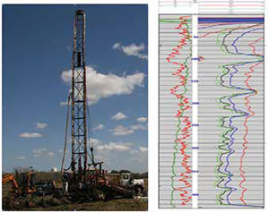Drilling rig and resulting gamma ray and electrical logs at La Marque Geophysical Observatory.