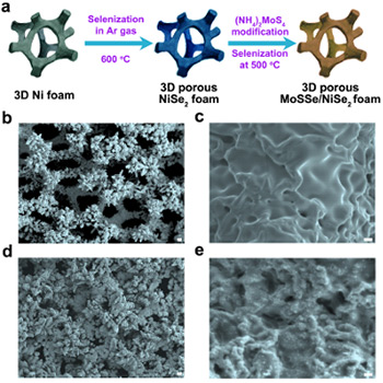 Illustration shows procedures for growing ternary molybdenum sulfoselenide on the porous foam; b-c, images showing surface roughness of the nickel diselenide foam grown at 600 degrees C; d-e, morphologies of ternary molybdenum sulfoselenide particles on porous foam, grown at 500 degrees C.