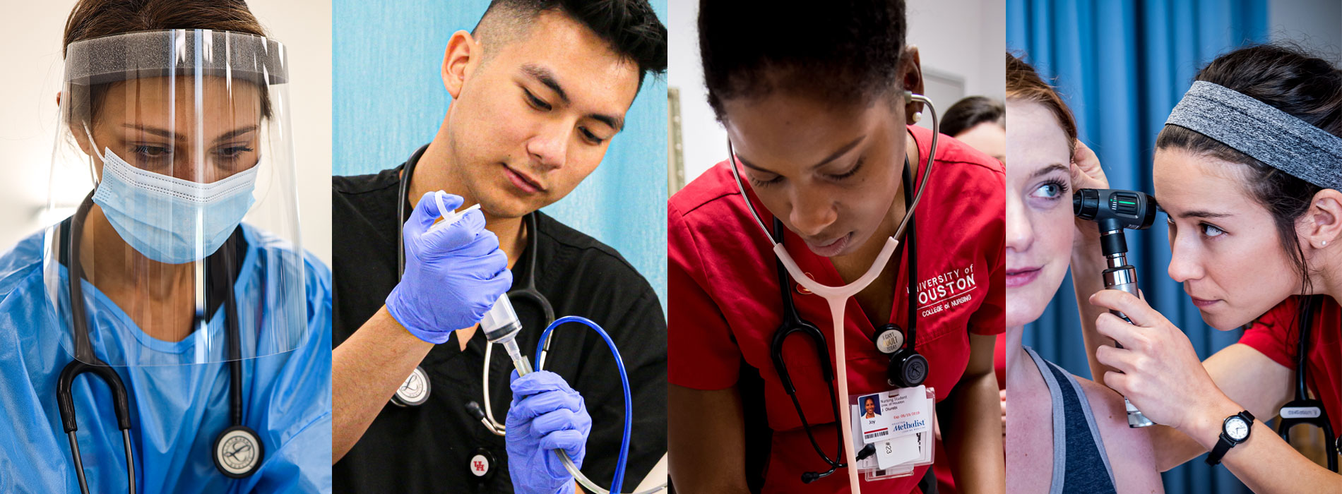 Four portraits of our nursing students in scrubs performing various healthcare procedures