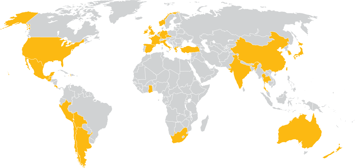 map of the world with the countries UH students are from highlighted in yellow