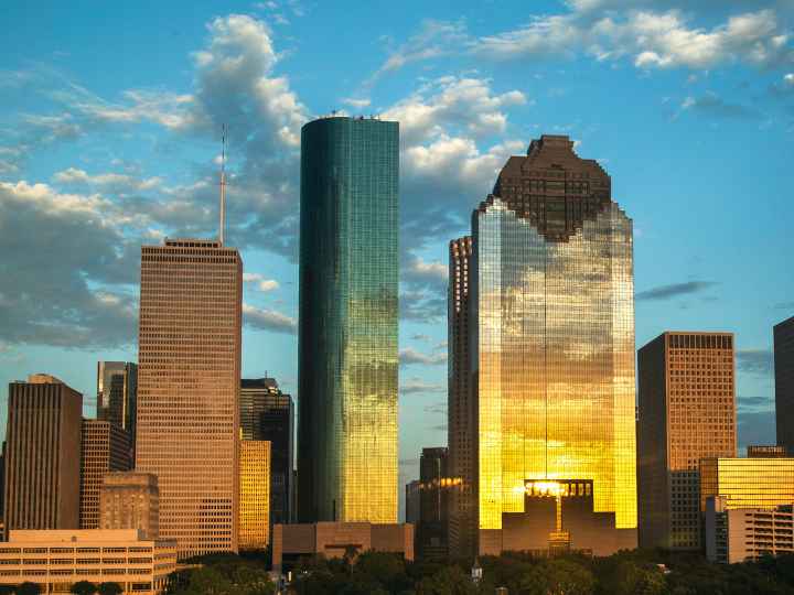 downtown Houston skyline at sunset