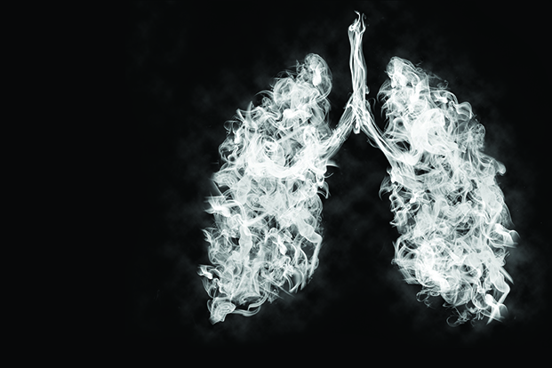 An image of a set of lungs made up entirely of smoke