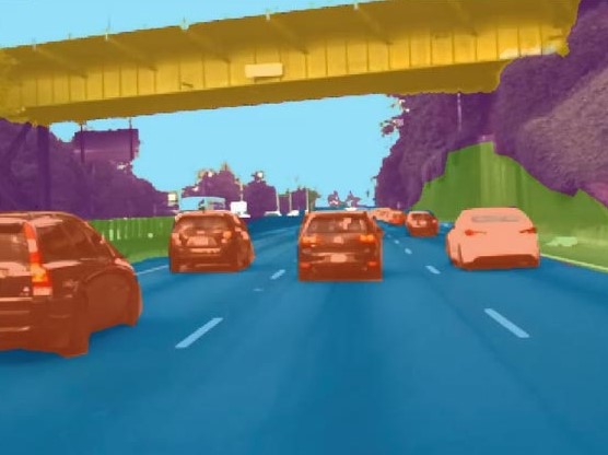  A digital rendering showing several vehicles traveling down a highway. 