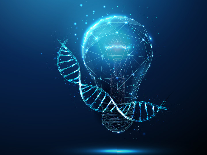 DNA helix surrounding lightbulb illustration