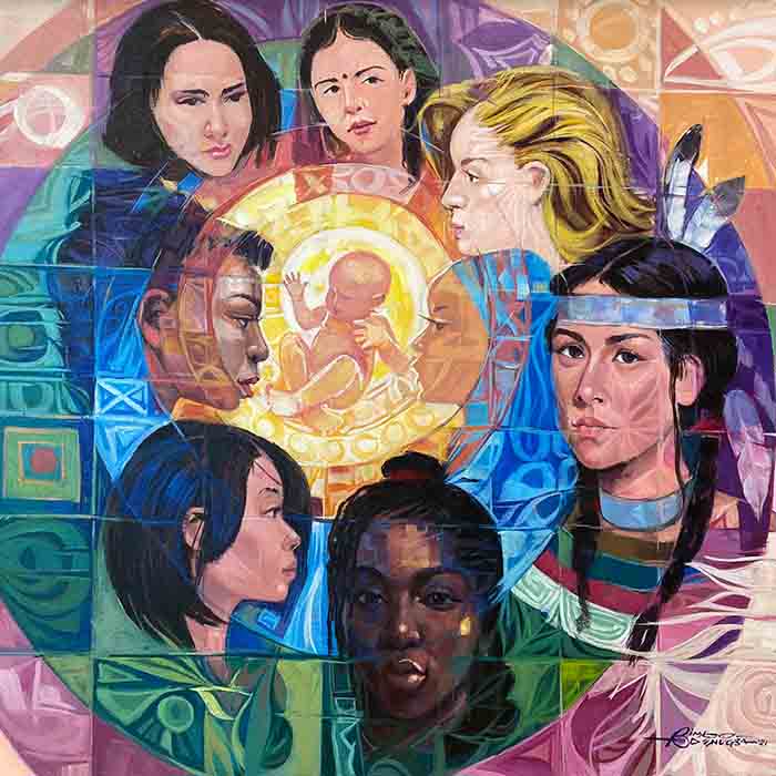 A new born child sits at the center surrounded by the faces of women of different races and ethnicities. Superimposed over their faces is a radial color pattern as well as a grid of various shapes and patterns.